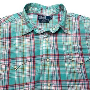 90s Y2K Polo by Ralph Lauren Shirt XL Mens Western Classic Pearl Snap Teal Plaid